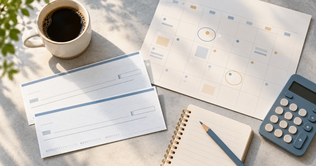 Biweekly paycheck budget planning with calendar, pay slips, calculator, and notebook