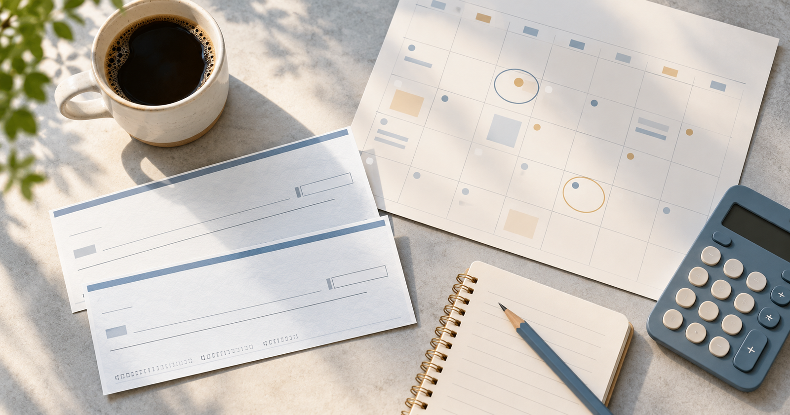 Biweekly paycheck budget planning with calendar, pay slips, calculator, and notebook