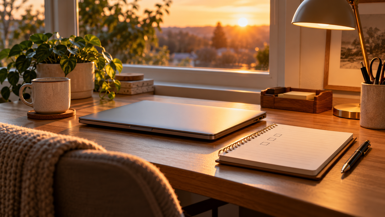 Closed laptop, daily checklist notebook, and pen on calm home-office desk
