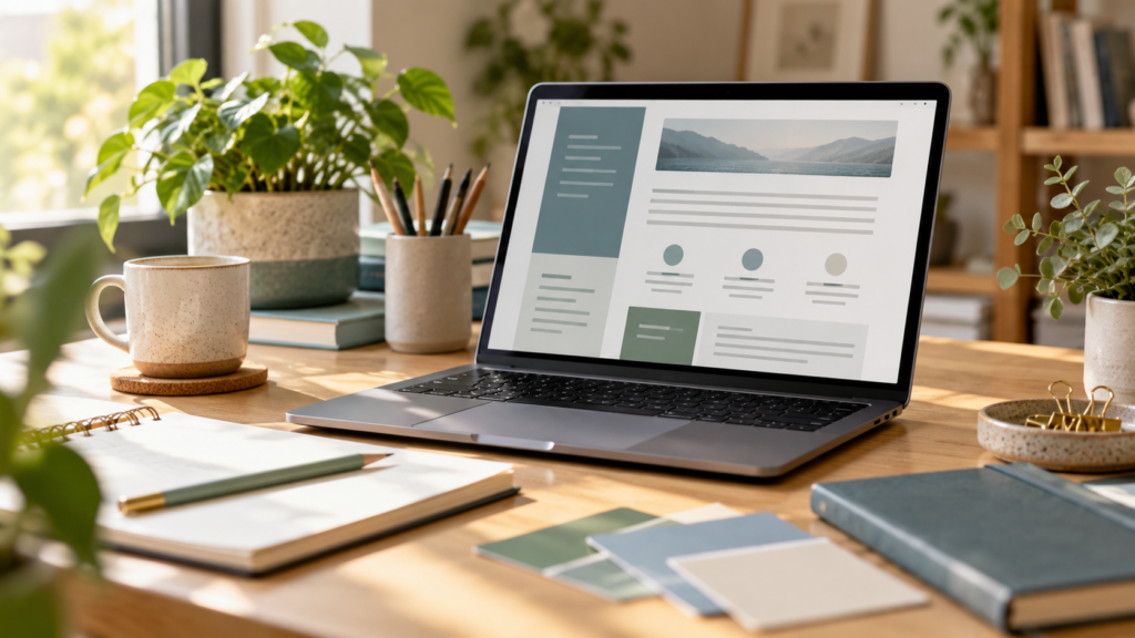 Freelance Proposal Template - Laptop with proposal document and notepad in a bright freelance workspace